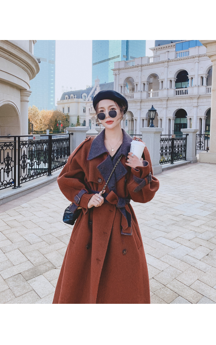 Women's Long Woolen Coat Brick Red Hepburn Style Winter Overcoat_voghion.com