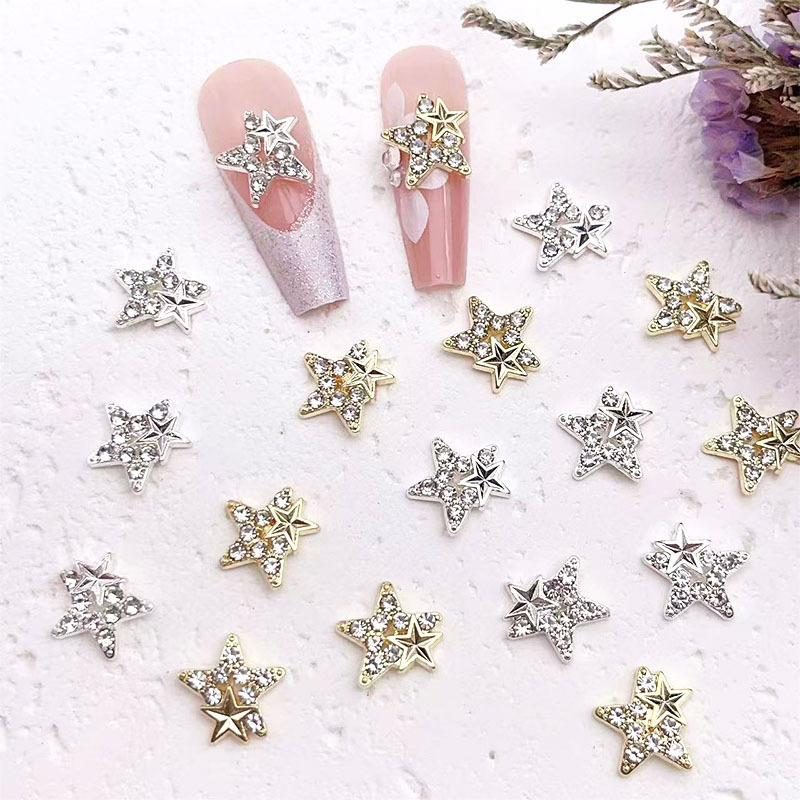 Cross-border starburst nail art accessories, ins-style Japanese three-dimensional sparkling pentagram alloy with diamonds, DIY wearable nail accessories