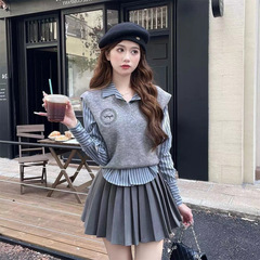学院风设计感套装女秋季新款条纹衬衫针织马甲百褶短裙三件套女装