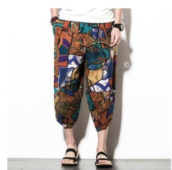 Venta al por mayor de fábrica pantalones de cáñamo de verano pantalones cortos para hombres pies sueltos pantalones de zanahoria pantalones harem de lino de algodón pantalones de flores de estilo étnico