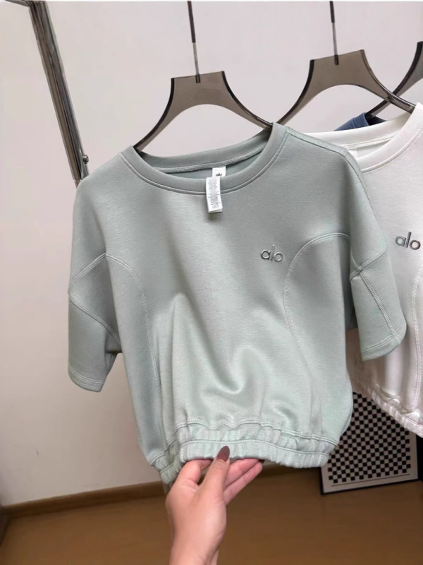 aloクラス 春夏 エアレイヤー ヨガ ショートTシャツ 伸縮性裾 おへそ出し ウエスト半袖トップス|undefined