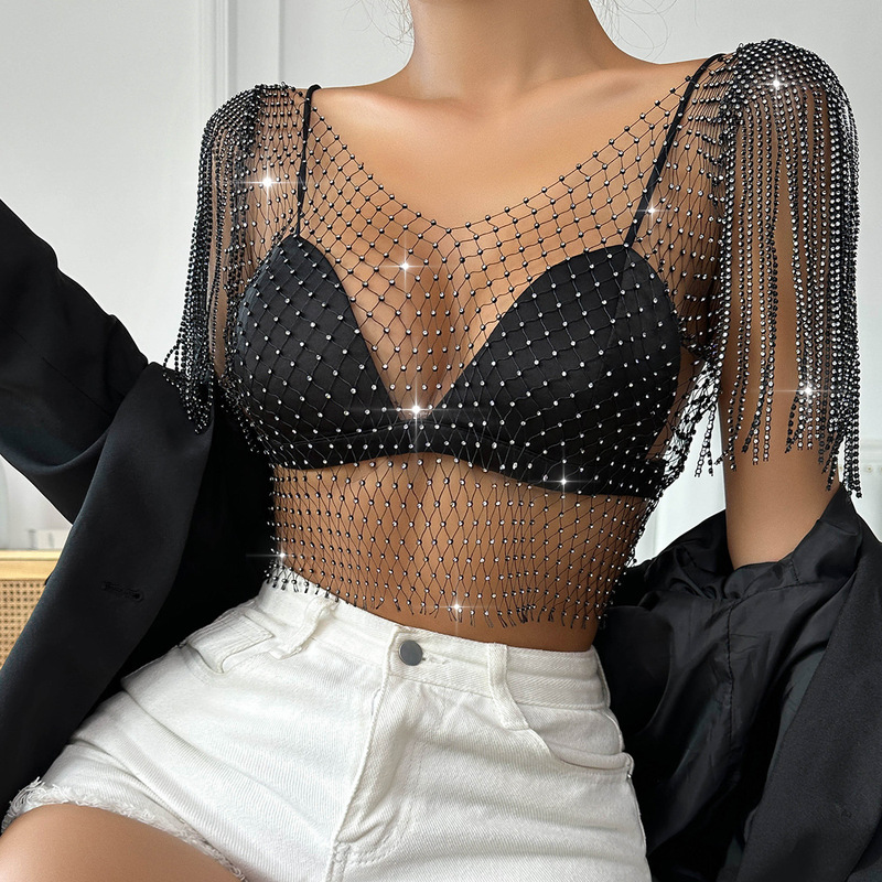 Rhinestone Sexy Fishnet Top European and American Summer Amazon Best-Selling Net Diamond Flash Diamond Women's Short-Sleeved Vest H21092