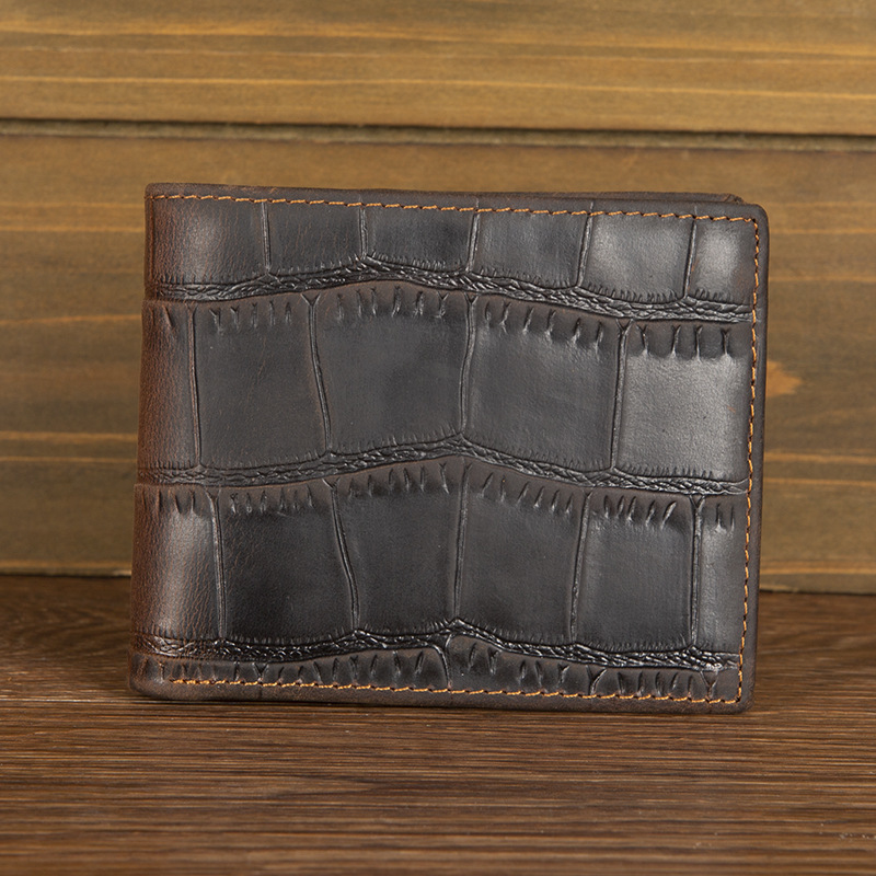 Crazy Horse leather embossed crocodile pattern men's wallet short genuine leather European and American retro wallet horizontal first layer cowhide silver bag Crazy Horse leather embossed crocodile pattern men's wallet short genuine leather European and American retro wallet horizontal first layer cowhide silver bag