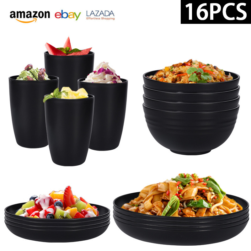 Amazon Wheat Straw Tableware Knife, Fork, Spoon Portable Set Dish Plate Water Cup Outdoor Tableware Set for 4 Persons