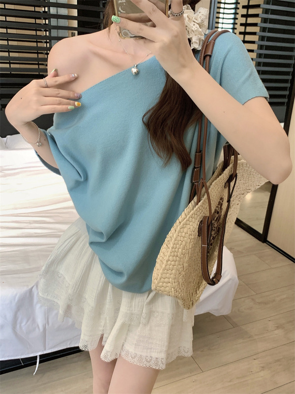 女性用オフショルダーバットスリーブニットTシャツ2025年夏ソフトでワックスのようなドレープ半袖気質シンプルな痩身ルーズトップ|undefined