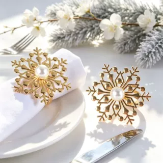 金色雪花餐巾环珍珠装饰酒店圣诞餐桌摆台餐巾扣节日餐具配件