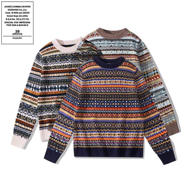 Okonkwo British Retro Round Neck Pullover Knitwear Fair Isle Pattern Knitwear Wool Blend Knitwear