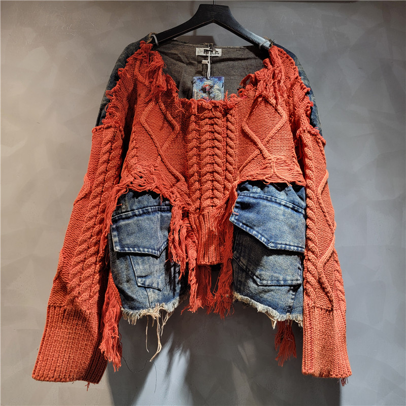Moda cool estilo estilo extranjero tejido de costura jeans cuello redondo manga larga suéter corto para mujeres otoño / invierno 2025 image 3