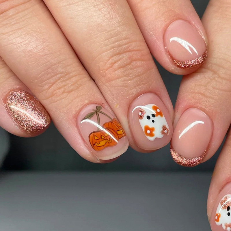 Halloween Nails European and American Short Square Pumpkin Colorfulful Spider Web Bat Ghost Pattern Removable Fake Nails Nail