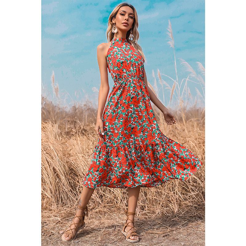 high waist open back off-shoulder printed long dress NSMAN53274