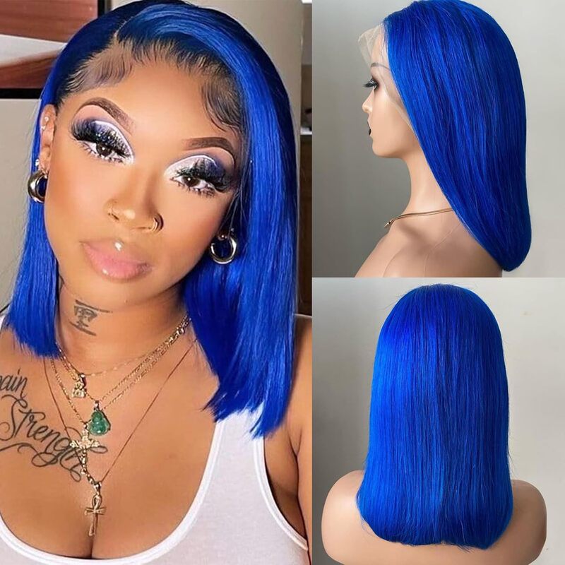 Factory Direct Sales Popular Real Hair 13×4 Lace Front Wig Bob Haircut Blue Bob Haircut Highlights Curly Short Hair