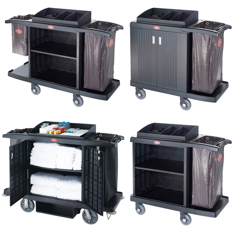 酒店工作车房口车推车加厚多用途黑色服务车客房清洁车塑料布草车