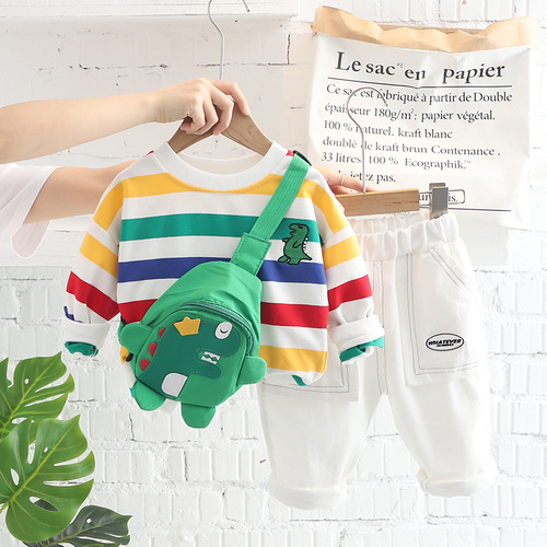 Children's autumn clothing for boys and girls  autumn clothing boys' suits striped round neck jeans two-piece set with bag
