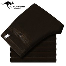 珀基袋鼠秋冬季加绒厚款中年男式灯芯绒条绒裤休闲裤弹力高腰直筒