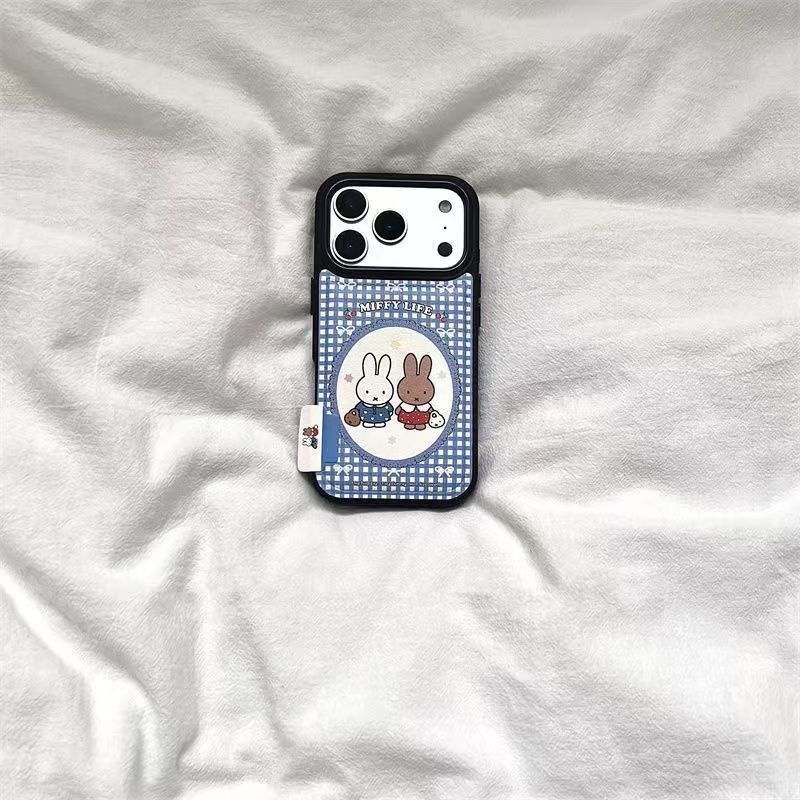 Blue and white checkered Miffy iPhone 17 PRO MAX leather-textured phone case, new 16 model, 15 series, niche design