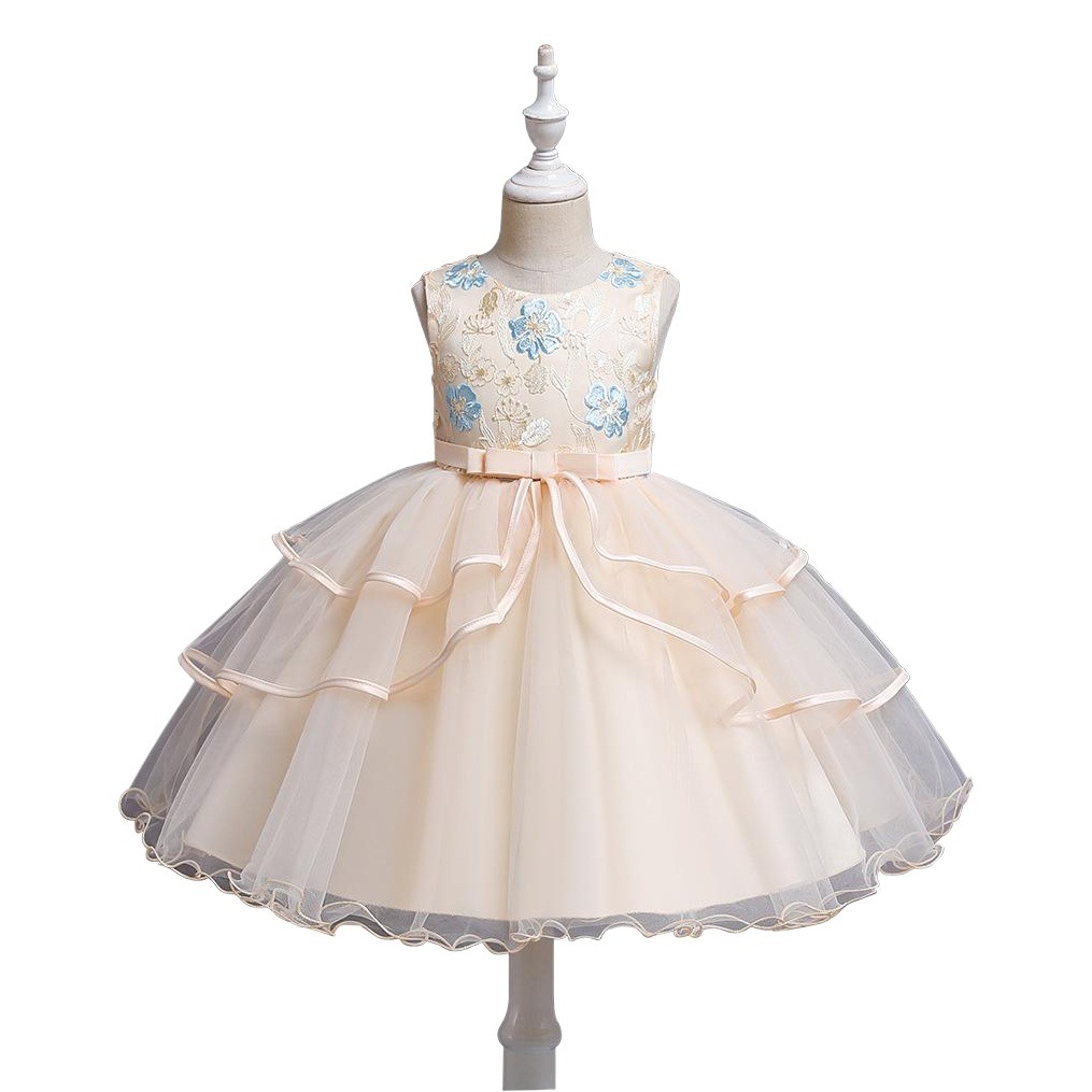 Cross-Border Best-Selling Girls' Embroidered Dress, Sleeveless Puffy Tulle Dress, Flower Girl Wedding Birthday Host Performance Princess Dress