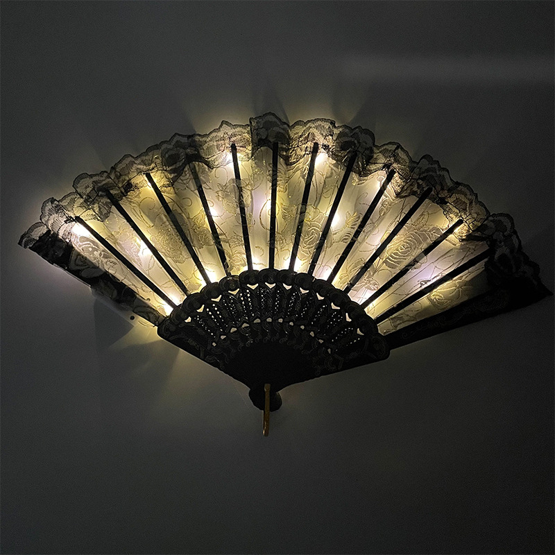 #593-2 7寸-6V双功能-发光玫瑰蕾丝扇黑底暖白色