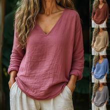 欧美跨境亚马逊秋季新款女装休闲宽松时尚棉麻长袖V领套头上衣