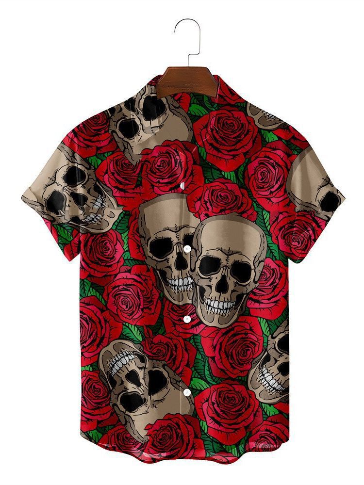 Camisa de Halloween de bala de cuatro lados de calavera digital de venta caliente para hombres con estampado transfronterizo de cuatro lados Halloween suelto casual
