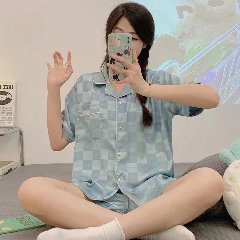 Tiffany Azul de Seda de Hielo pijamas de Las Mujeres de Primavera y Otoño de manga larga nueva seda artificial de alta calidad sedoso desgaste del hogar de dos piezas conjunto