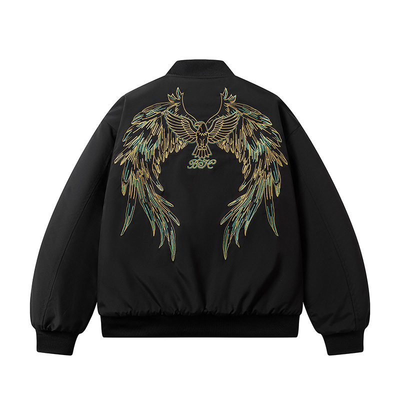 Chinese Style Heavy-Duty Dragon and Phoenix Embroidery Baseball Jacket Men's Angel Wings Black Quilted Jacket Fashion Trendy Brand Cotton Coat