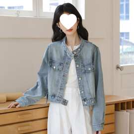 美式宽松立领牛仔外套女2026春季新款小个子正肩短款夹克上衣其他