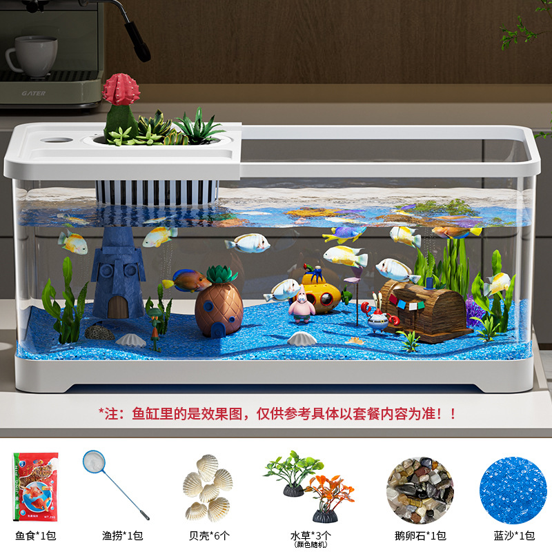 Acuario de peces sala de estar acuario ecológico doméstico pequeño conjunto completo de escritorio paisajismo acuario de peces de oro de oficina de alta definición transparente cormorano