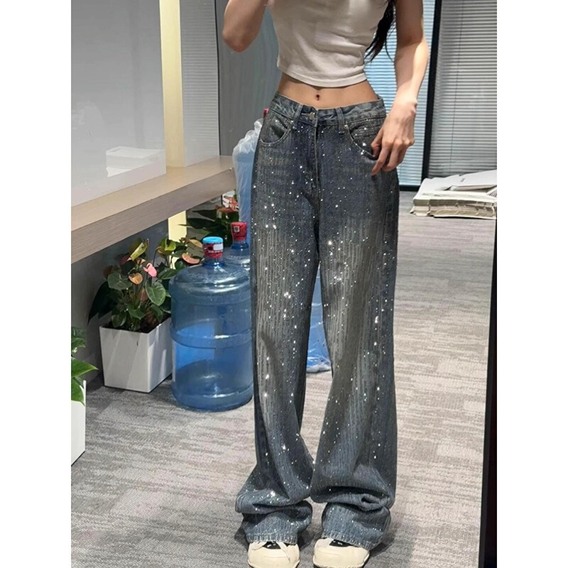 Loose Straight Wide-Leg Jeans with Starry Sky Rhinestones, Low Waist, Heavy Craftsmanship, Women's Autumn Design, Sparkling Pants with Rhinestones