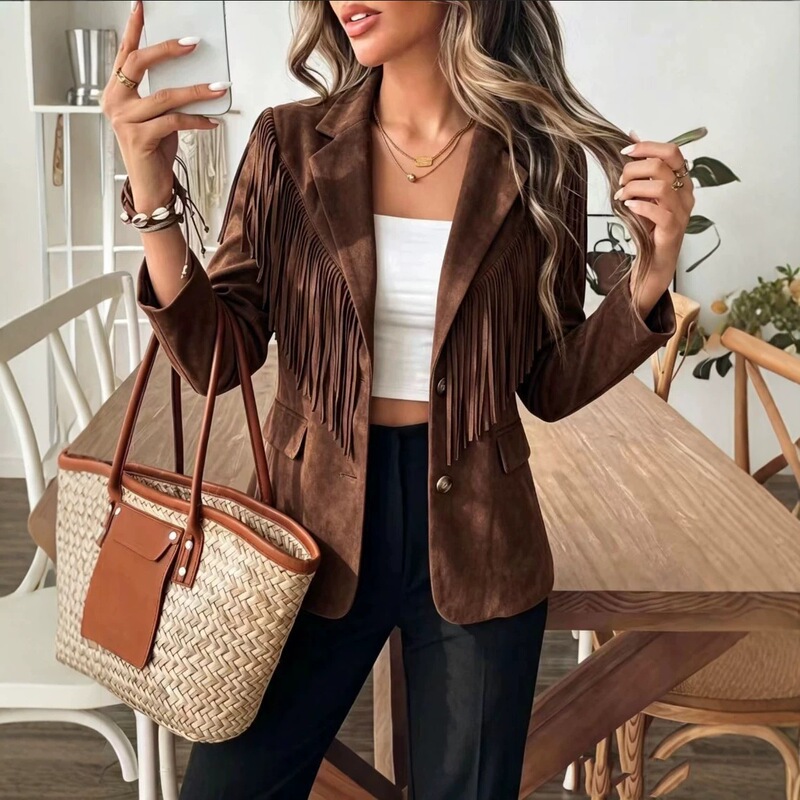 Short long-sleeved fringed shirt with stylish lapel, new autumn and winter personalized trendy suede jacket from Amazon Short long-sleeved fringed shirt with stylish lapel, new autumn and winter personalized trendy suede jacket from Amazon