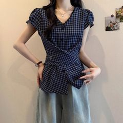 2025夏季新款蕾丝花边短袖衬衫女蝴蝶结系带泡泡袖衬衣收腰上衣潮