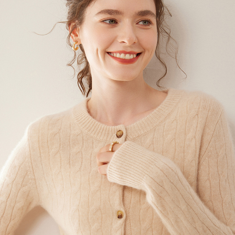 Ordos City Seven-Needle Double-Strand Thickened 100% Pure Cashmere Sweater for Women, Cable Knit Round Neck Cardigan Coat, Women's Sweater