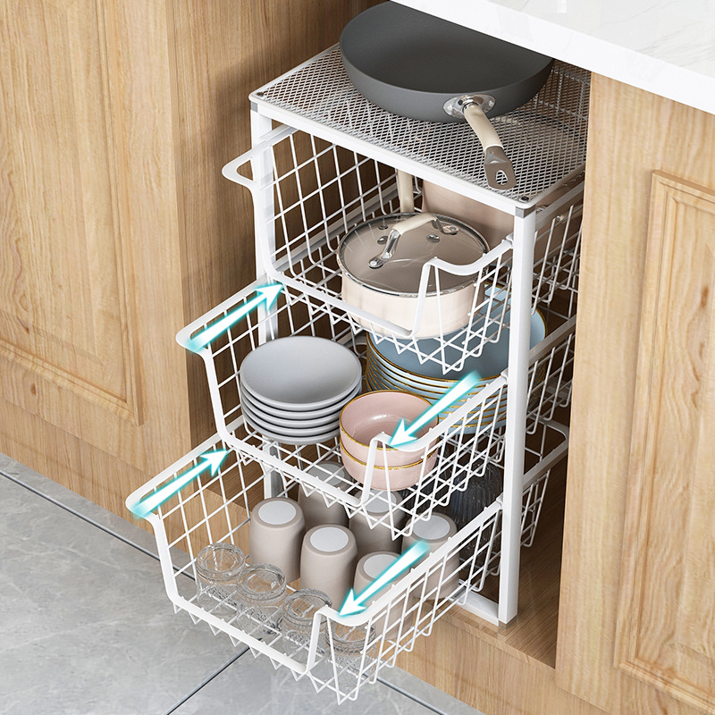 Kitchen pull basket cabinet bowl basket drawer type dishware seasoning iron double corner cabinet pull-out modification three-layer built-in