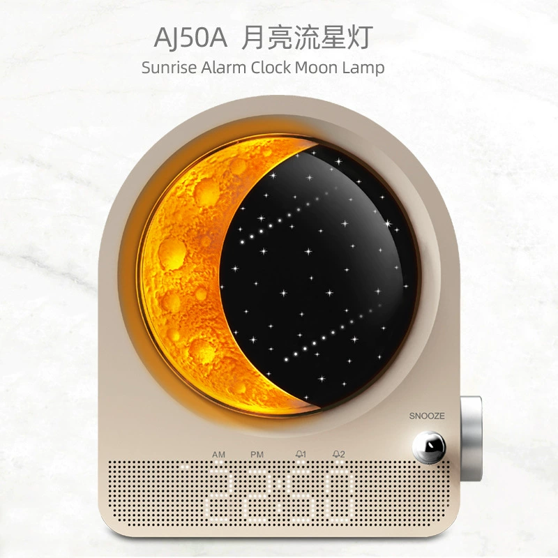 Производитель поставляет светильник-луна AJ350A с белым шумом, естественным звуком, метеорной лампой, сценарным динамиком, 2 комплекта будильников с функцией светового пробуждения.