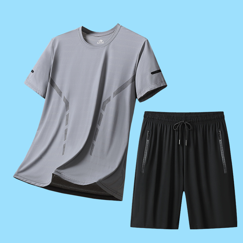 Transfronterizo Hielo rápido secado juego deportivo hombre de verano mangas cortas camiseta cool running pantalones cortos delgados fitness dos piezas set
