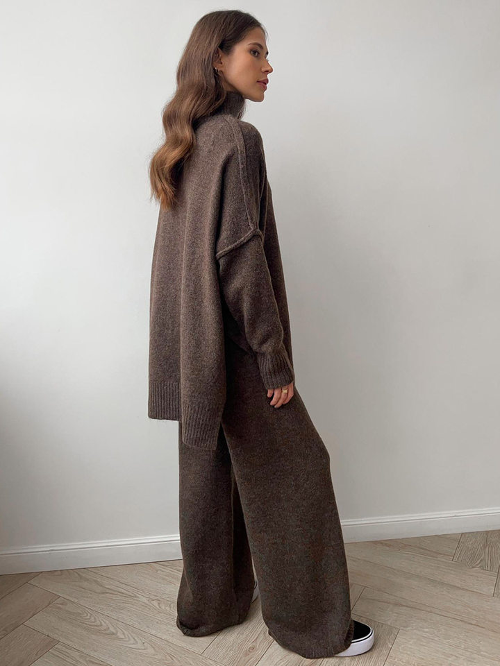 Bộ áo len cổ cao dài tay kèm quần dài dệt kim dày dặn form rộng — Màu camel, Màu cà phê, Màu xanh lục đậm, Màu xám đậm chi tiết 40