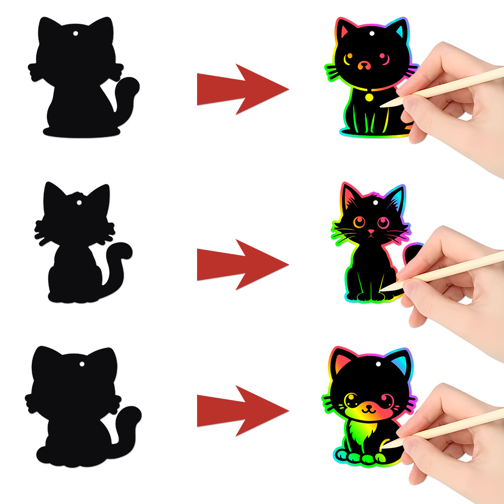 Nueva decoración de cumpleaños, tarjeta de rascar de bricolaje para gatos, adornos de pintura de raspado de gato colorido, adornos de decoración de fiesta de cumpleaños, adornos