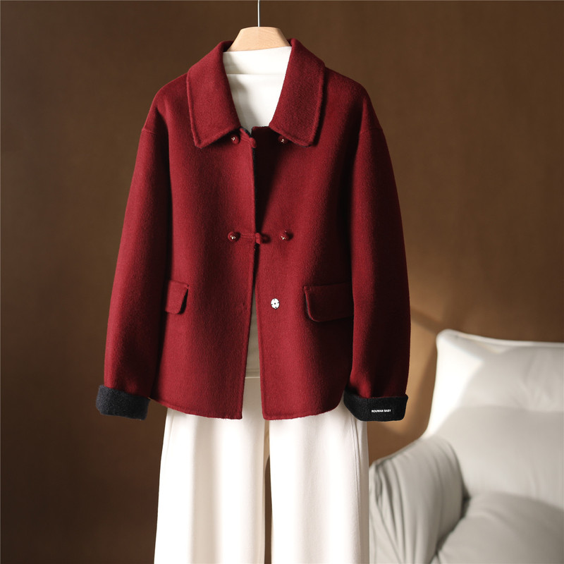 2026 Autumn/Winter New Christmas Red New Year Small Lapel Double-Sided Cashmere Short Wool Coat for Petite Women