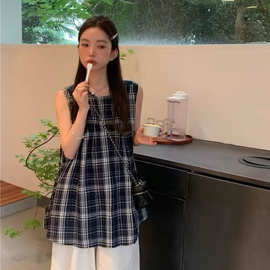 日系复古设计感格子圆领衬衫女夏季新款宽松无袖休闲娃娃衫上衣