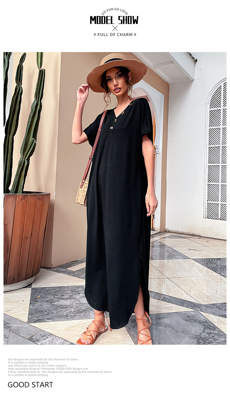 Buttons Solid Color Loose V Neck Short Sleeve Slit Dress NSDMB116418