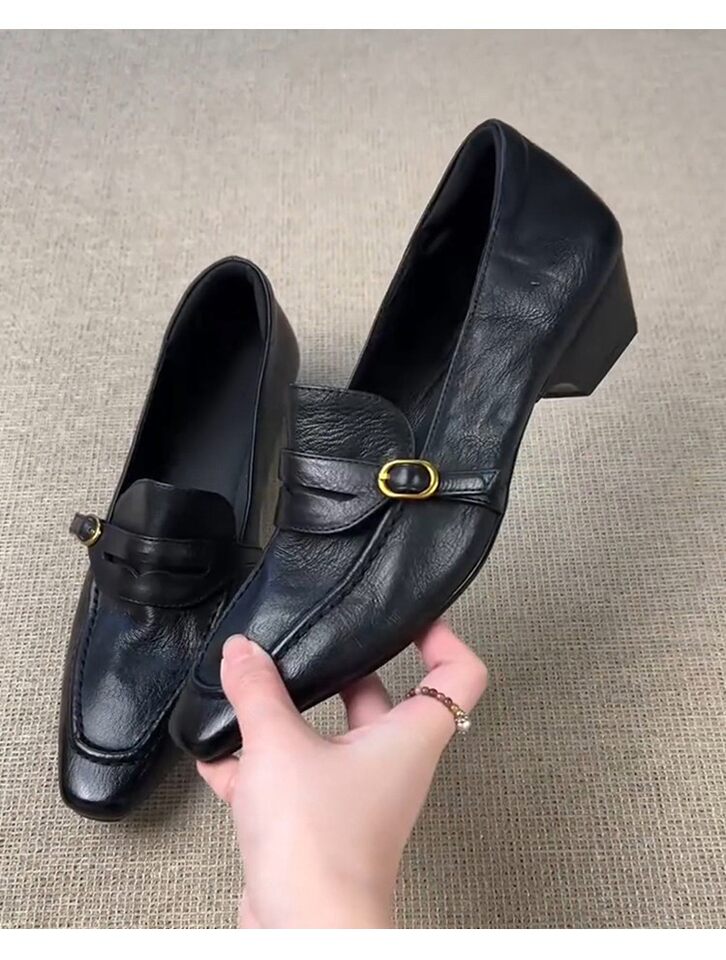 Giày lười nữ da bò mũi vuông gót thô 4 cm phong cách retro, khóa cài, giày công sở xỏ chân — Màu nâu (4cm) hàng có sẵn, Màu đen (4cm) hàng có sẵn chi tiết 11