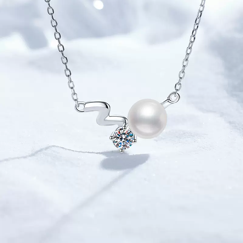 s925纯银项链女莫桑石项链天然淡水珍珠波浪之星吊坠工厂现货批发