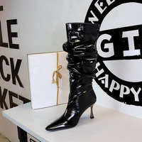 858-12 long boots, women's pleated pile boots, thin heels, high heels, iron toe fashion boots, wide boots, high boots, knight boots