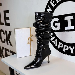 858-12 long boots, women's pleated pile boots, thin heels, high heels, iron toe fashion boots, wide boots, high boots, knight boots