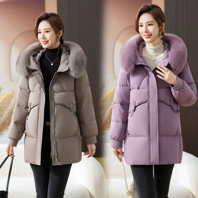 Платье для мамы-зимнее платье с воротником из натурального меха, куртка на утином пуху, длинное благородное пальто 40 лет, плотная женская одежда среднего возраста 50 лет
