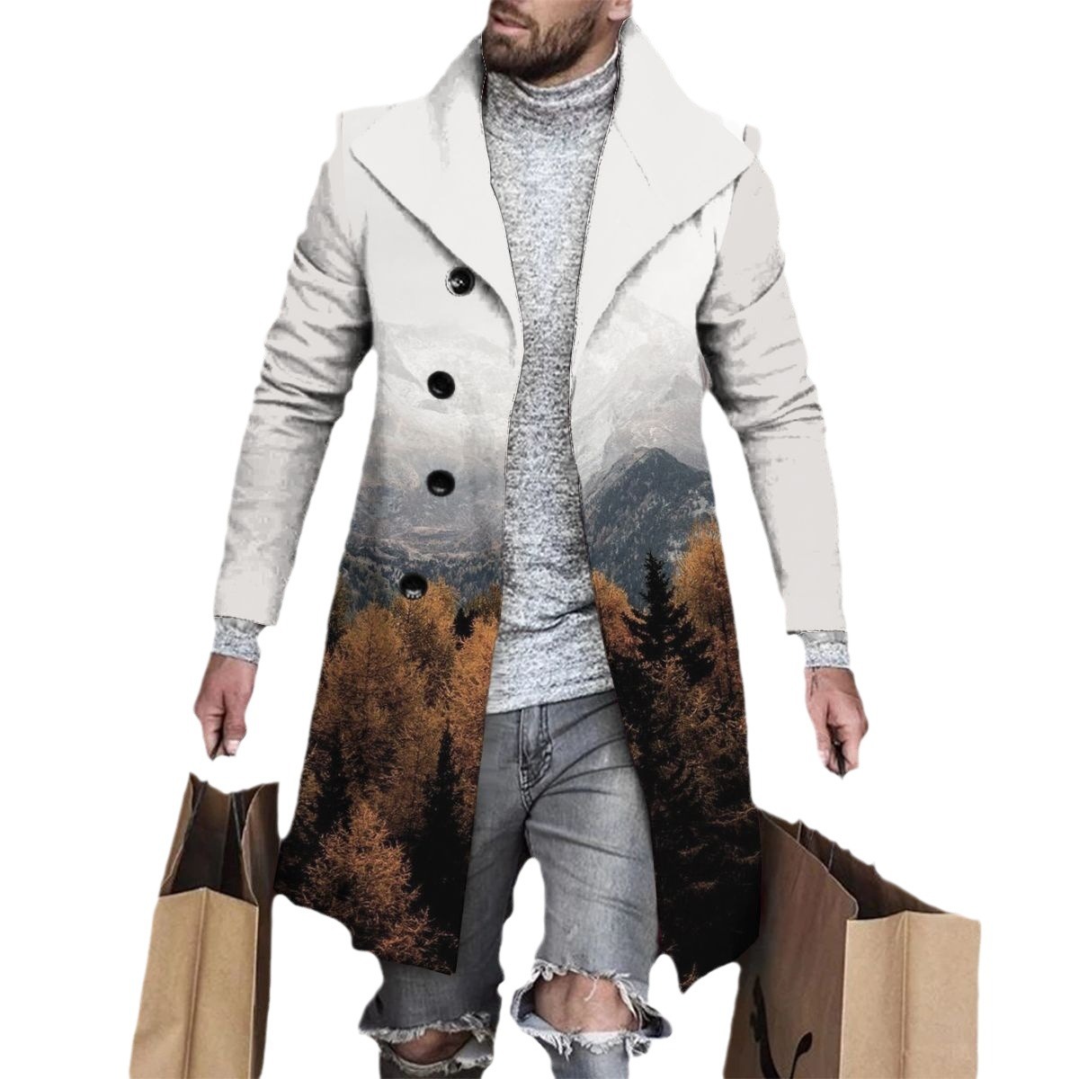 Comercio exterior transfronterizo 2024 otoño nuevo abrigo de lana de solapa impresa Venta caliente ropa de hombre de longitud media