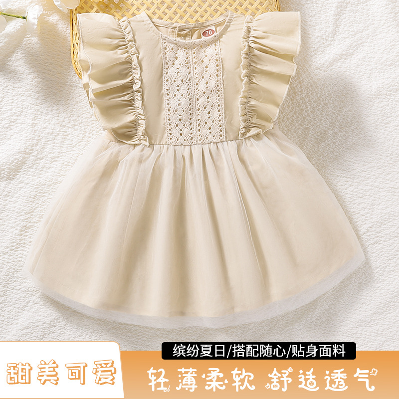 2023 verano infantil 1-3 años de edad bebé niña encaje volando manga malla princesa vestido transfronterizo vestido de comercio exterior