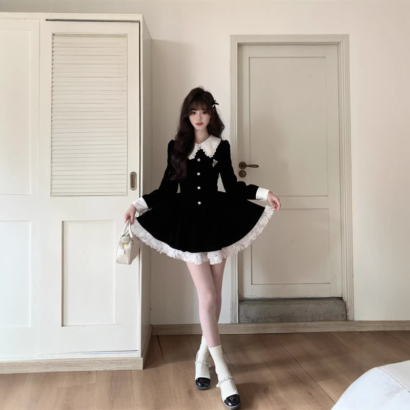 Miu Style Rich Girl Black Velvet Dress for Women Spring & Fall Small Fragrant Rose Lace Edge Puffy Princess Dress Miu Style Rich Girl Black Velvet Dress for Women Spring & Fall Small Fragrant Rose Lace Edge Puffy Princess Dress