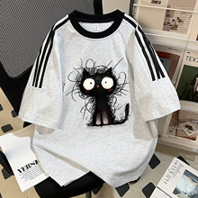 美式潮酷三条杠短袖T恤女纯棉拼接夏季猫咪印花休闲运动内搭上衣
