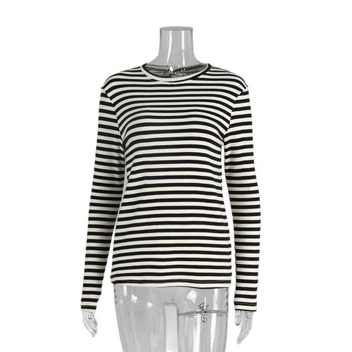 Cross-border long-sleeved striped T-shirt European and American 2025 autumn and winter commuting slim round neck cotton undershirt long-sleeved shirt women's 