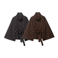 PB&ZA女装2025年秋季新款 率性高级感斗篷款式立领配腰带毛呢外套